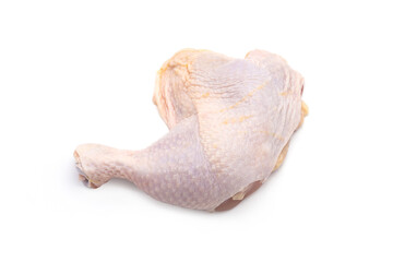 Fresh meat ingredients. One Raw chicken leg drumsticks isolated on white background.