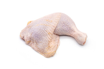 Fresh meat ingredients. One Raw chicken leg drumsticks isolated on white background.
