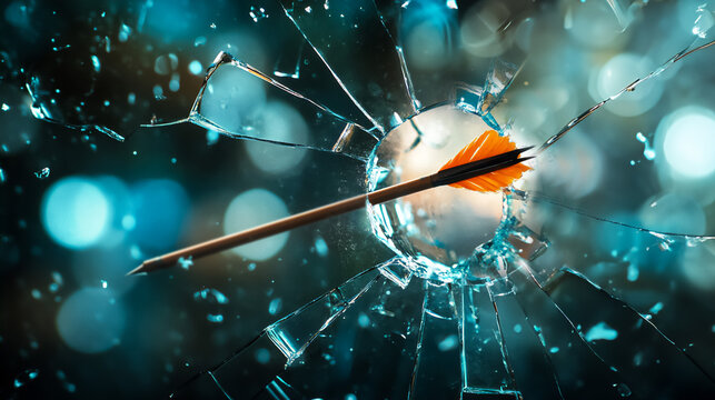 An arrow piercing through glass symbolizes strength, precision, and impact. It represents overcoming obstacles and breaking through barriers. Ideal for themes of power, resilience, and determination.