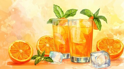 Two refreshing glasses of orange juice with ice, surrounded by fresh oranges and mint leaves