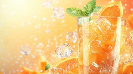 Refreshing orange drink with ice cubes and mint garnish