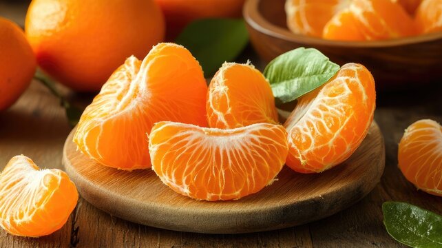 Fresh, juicy mandarins on wooden platter with green leaves