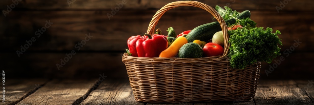 Aufkleber a wicker basket filled with vibrant, fresh vegetables and fruits rests on a rustic wooden table, add