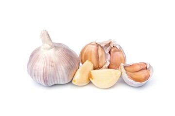 Food ingredients and spices. Set Head of garlic peeled to reveal the inner cloves isolated on white background.