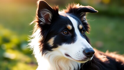 Fototapeta premium A black, white, and brown border collie dog with a black nose and brown eyes looks to the right, with a blur of green grass in the background.