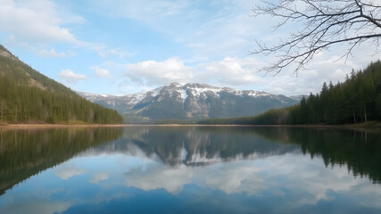 Reflection of mountains and clouds in the water of a mountain lake