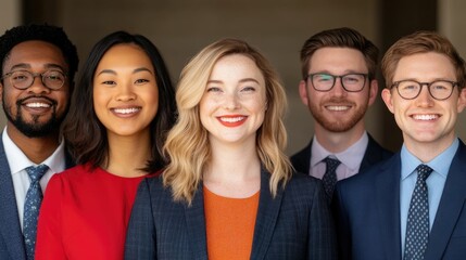 Portrait of a diverse and inclusive group of smiling professionals from different backgrounds genders and ages working together in a corporate or office environment