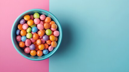 Obraz premium Colorful Candy in a Blue Bowl on a Pink and Blue Background