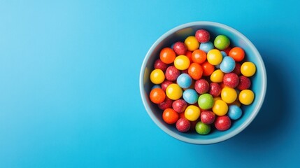 Bowl of Colorful Candy on Blue Background