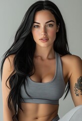 Fototapeta premium an Australian fitness model dressed in elegant gray athleisure, highlighting her toned arm muscles