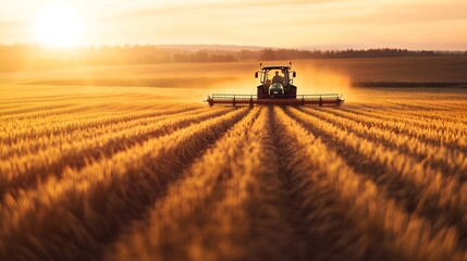 Fototapeta premium A vibrant sunset over wheat fields with a tractor harvesting crops amidst the golden landscape