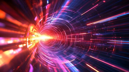 Obraz premium Abstract neon lights in a circular tunnel with a glowing center