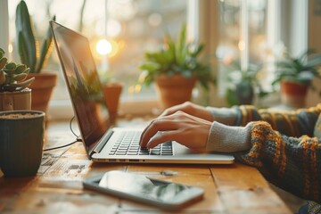 A man engaged in digital marketing work on a laptop and smartphone in a cozy workspace surrounded by plants during sunset