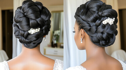 Elegant updo hairstyle featuring intricate braiding and decorative hair accessories, perfect for formal events and weddings.