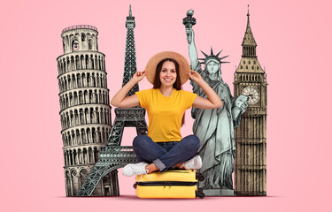 Obraz premium Happy traveler sitting on suitcase against pink background. Illustration of famous landmarks behind woman