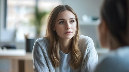 Fototapeta premium Captivating conversation a young woman engaged in a thoughtful discussion showcasing genuine interest and connection in a modern setting