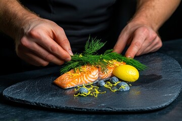 A chef seasoning salmon fillets with lemon zest and fresh dill, creating a fresh, vibrant flavor profile