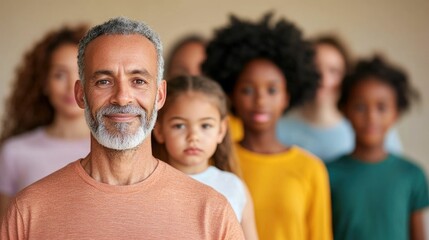 A heartwarming close up portrait showcasing a diverse group of people including an elderly man and a young child surrounded by others and sharing a moment of joy connection and togetherness