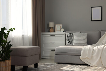 Comfortable sofa, chest of drawers and decor in living room. Interior design