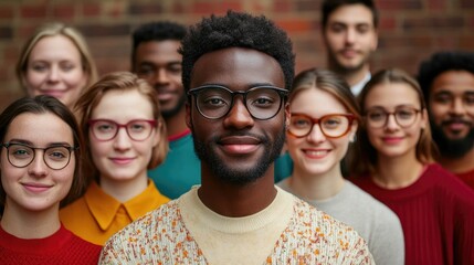 A vibrant group of friends from various cultural backgrounds coming together for a fun smiling portrait with a deep depth of field showcasing their unity connection and shared happiness