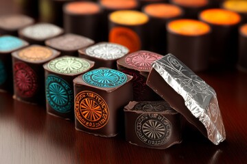 A chocolate bar partially unwrapped, with a silver foil peel, capturing indulgence and luxury