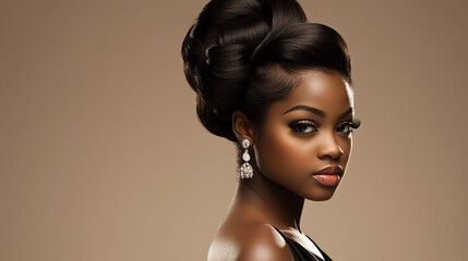 Portrait of an elegant woman with a stylish hairdo and accessories, showcasing beauty and grace against a neutral background.