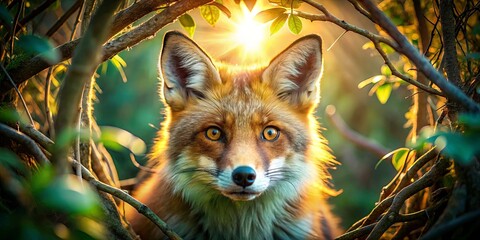 A fox peers through a tangle of branches, bathed in the golden light of the setting sun.