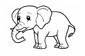 Obraz premium A cheerful cartoon elephant, smiling with its trunk raised, depicted in a simple black and white outline, perfect for coloring activities.