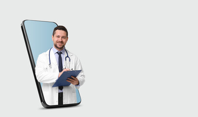Online medical consultation. Doctor with clipboard on smartphone screen against light grey...