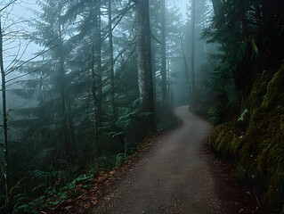Fototapeta premium A foggy path through dense trees disappears into the mysterious depths of the forest.