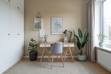 A small office with a desk at home, window next to it, home office concept