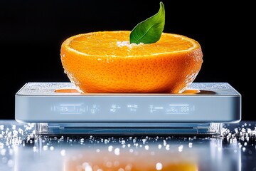 A futuristic automated peeler slicing an orange with precision, with digital displays showing thickness and speed, creating a high-tech kitchen tool