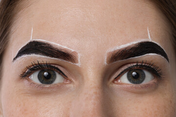 Young woman during henna eyebrows dyeing procedure, closeup