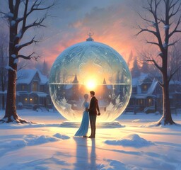 Illustration of large chrismas ball with winter landscape.
