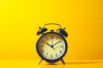 A black vintage alarm clock standing against a vibrant yellow background. 
