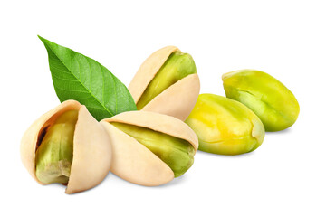 Pistachios and green leaf on white background. Tasty nut