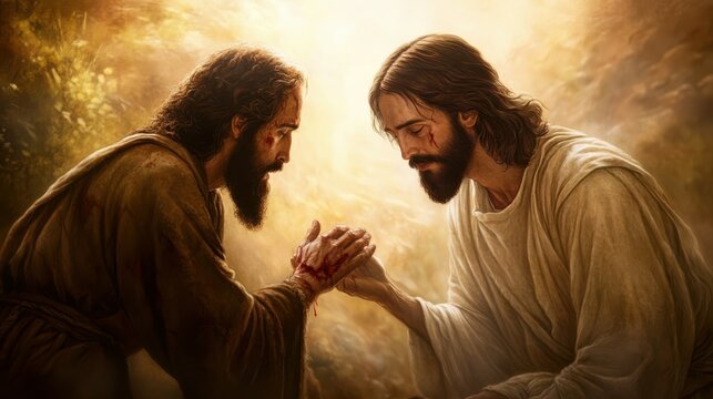 powerful image of Jesus appearing to Thomas after the resurrection, allowing him to touch his wounds, emphasizing faith in the unseen,
