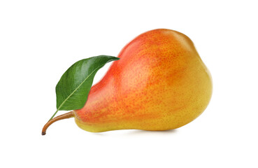 Tasty ripe pear with green leaf isolated on white