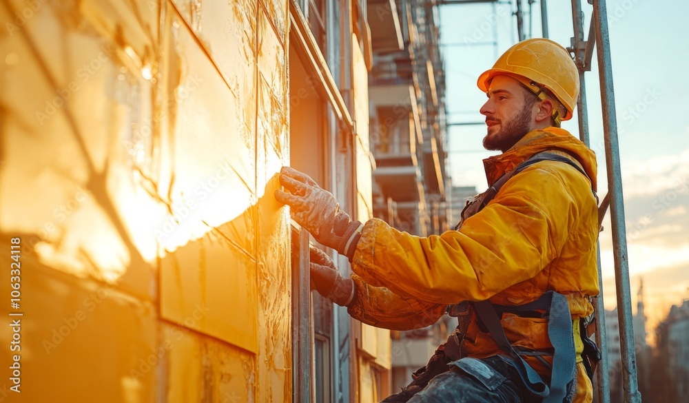 Aufkleber a construction worker in a hard hat and protective gear paints the side of a building during sunset,