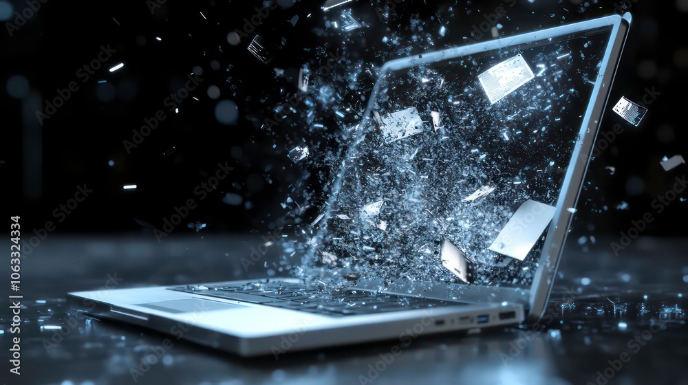 Poster A laptop exploding with fragments, symbolizing digital chaos or malfunction.
