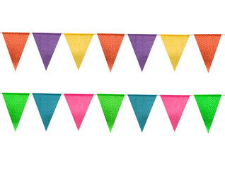 Fabric flags on rope against white background. Party decoration