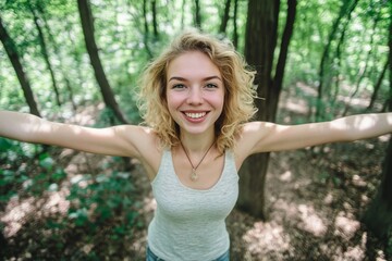 Naklejka premium Joyful young german woman enjoying nature, smiling and posing playfully in a forest setting Leisure and happiness concept focused on outdoor relaxation
