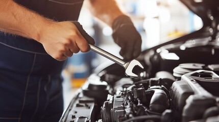 Mechanic tightening a bolt on a car engine with a wrench, focusing on detailed repair work in an automotive workshop.