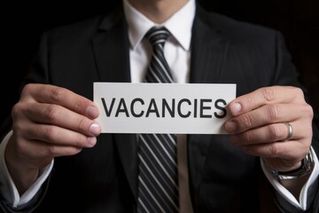 Man in suit holding sign with word vacancies, business concept