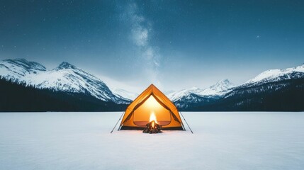 Cozy tent covered in a blanket of pristine snow with a crackling campfire casting a warm glow in the foreground  The surrounding landscape is enveloped in a serene star filled winter night sky