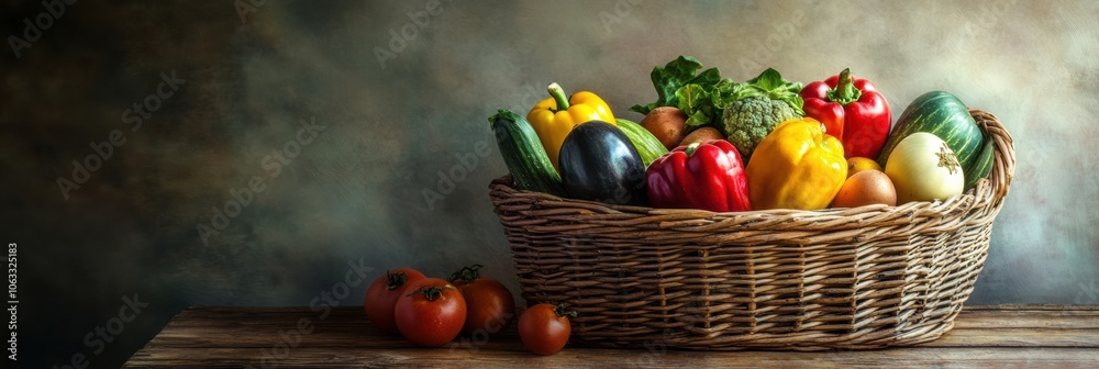Aufkleber a wicker basket is filled with an assortment of colorful vegetables and fruits on a rustic wooden ta