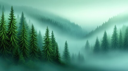 Obraz premium Misty evergreen forest with rolling hills and dense fog, AI