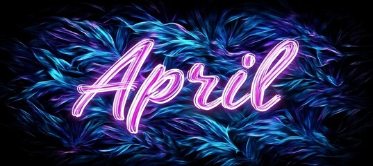 Neon Sign April on a Dark Background with Glowing Blue and Purple Abstract Design