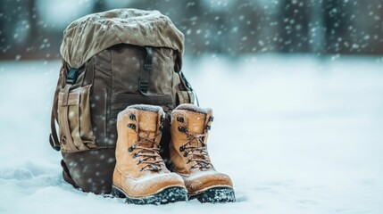 Snowy camping equipment with frost forming on backpacks and boots in a deep depth of field showcasing a picturesque winter landscape scene perfect for outdoor adventure and