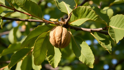 walnut tree with walnut fruit in pericarp on branch